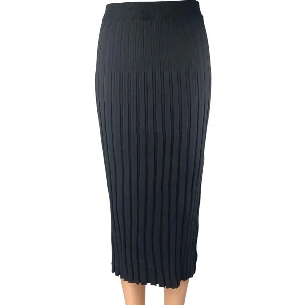 O.Vianca Black Rib Knit High Waist Slit Pull On Midi Straight Pencil Skirt Sz S